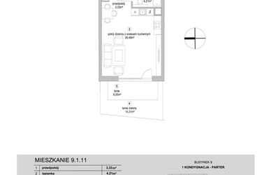 Rzut - Mieszkanie na sprzedaż 1 pokój o powierzchni 34,02 m² - numer 9.1.11 w Osiedle Przyjemne IV