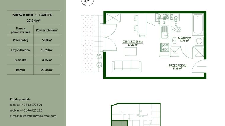 Rzut - Mieszkanie na sprzedaż 1 pokój o powierzchni 27,34 m² - numer 1 w Bukowa etap II