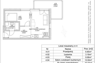 Rzut - Mieszkanie na sprzedaż 2 pokoje o powierzchni 33,03 m² - numer 4 w Apartamenty Jasińskiego