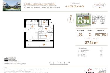 Rzut - Mieszkanie na sprzedaż 2 pokoje o powierzchni 37,14 m² - numer JAR-III-C-LM-M52 w Osiedle JAR Heweliusza etap III