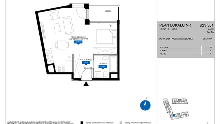 Rzut - Mieszkanie na sprzedaż 1 pokój o powierzchni 38,76 m² - numer B23 301 w Flow - bud. B2 A i bud. B2 B