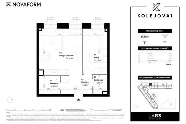 Rzut - Mieszkanie na sprzedaż 2 pokoje o powierzchni 54,8 m² - numer B-01-04 w Kolejova 1