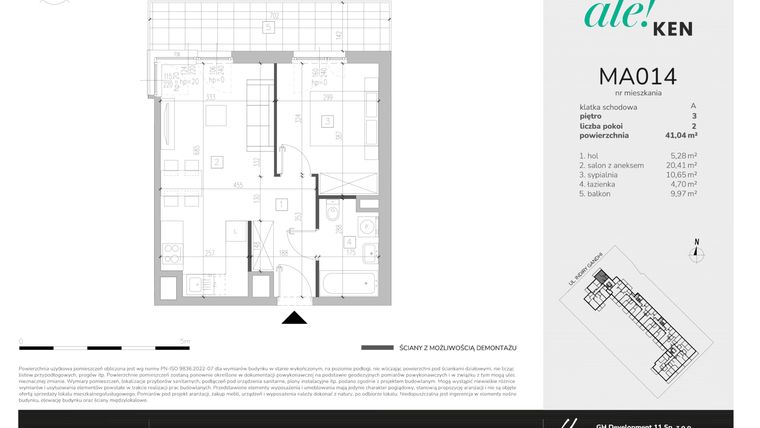 Rzut - Mieszkanie na sprzedaż 2 pokoje o powierzchni 41,04 m² - numer MA014 w Ale!Ken