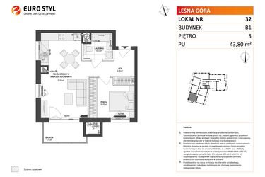 Rzut - Mieszkanie na sprzedaż 2 pokoje o powierzchni 43,8 m² - numer 32 w Leśna Góra