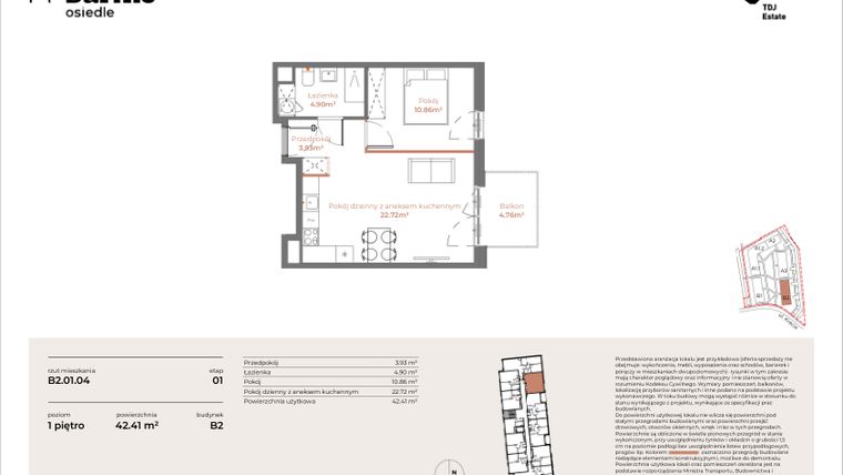 Rzut - Mieszkanie na sprzedaż 2 pokoje o powierzchni 42,41 m² - numer B2-01.04 w Sarnie Osiedle