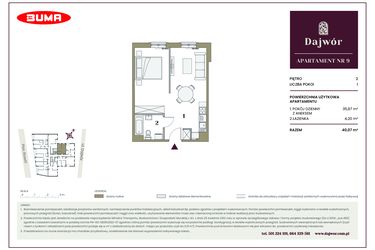 Rzut - Mieszkanie na sprzedaż 1 pokój o powierzchni 40,07 m² - numer 9 w Dajwór