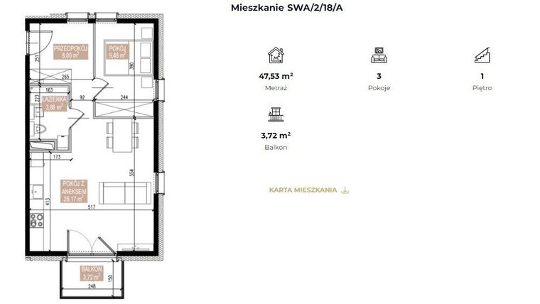 Rzut - Mieszkanie na sprzedaż 2 pokoje o powierzchni 47,53 m² - numer SWA/2/18/A w Apartamenty Świeradowska