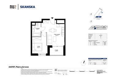 Rzut - Mieszkanie na sprzedaż 2 pokoje o powierzchni 34,5 m² - numer AA0107 w NU2 Warszawa Wola - apartamenty wykończone pod klucz