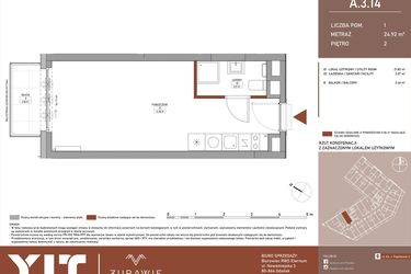 Rzut - Mieszkanie na sprzedaż 1 pokój o powierzchni 24,92 m² - numer A.3.14 w Żurawie - etap II