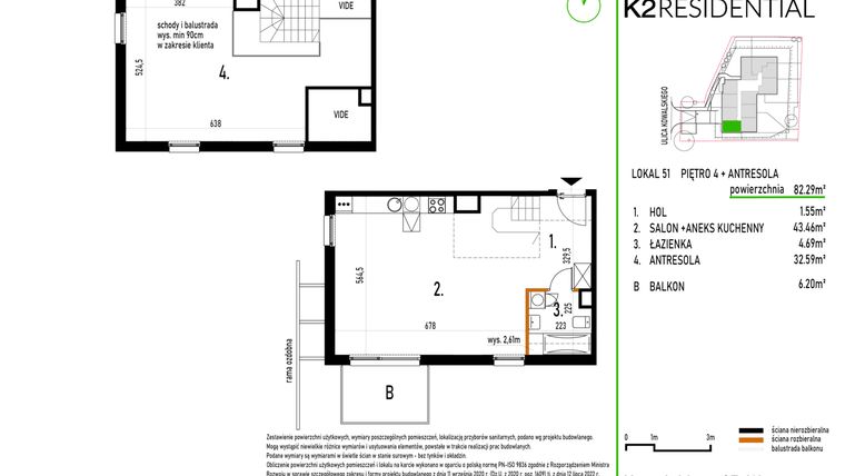 Rzut - Mieszkanie na sprzedaż 1 pokój o powierzchni 82,29 m² - numer 51 w Kowalskiego 37