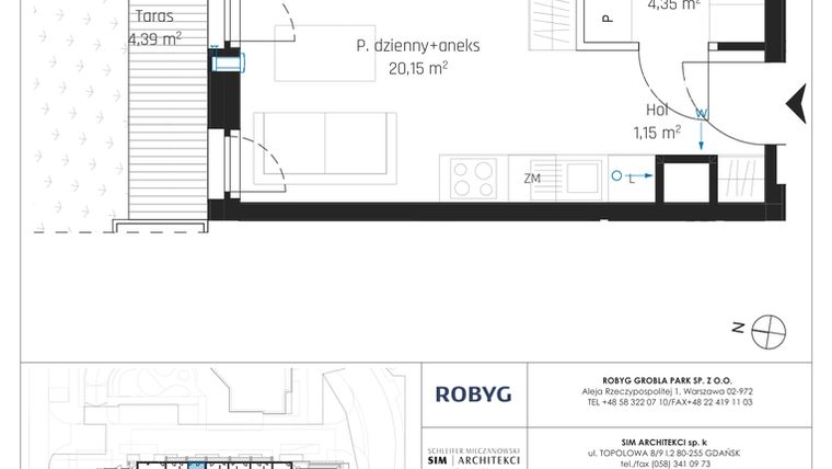 Rzut - Mieszkanie na sprzedaż 1 pokój o powierzchni 25,65 m² - numer I.0M05 w Nadmotławie Apartments etap I