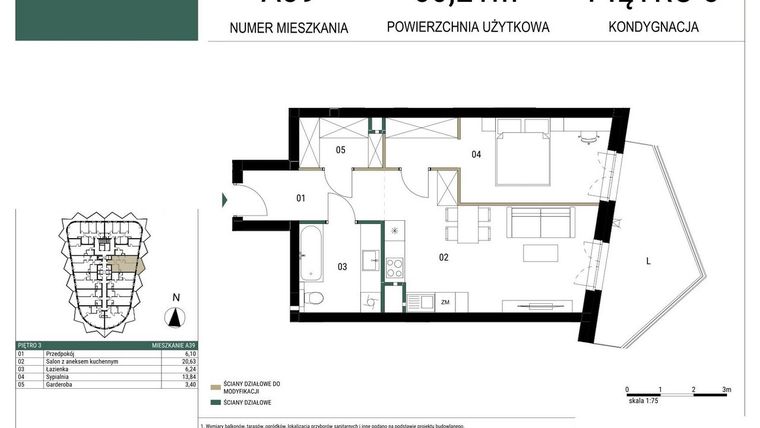Rzut - Mieszkanie na sprzedaż 2 pokoje o powierzchni 50,21 m² - numer A39 w Drago