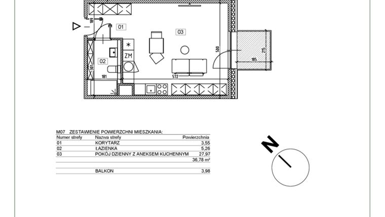 Rzut - Mieszkanie na sprzedaż 1 pokój o powierzchni 36,92 m² - numer I.M07 w Osiedle Glivia Zachodnia