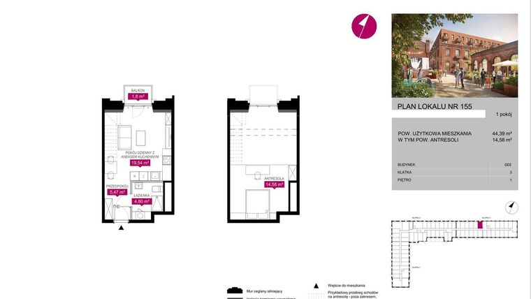 Rzut - Mieszkanie na sprzedaż 1 pokój o powierzchni 43,99 m² - numer G2.155 w Fuzja Lofty