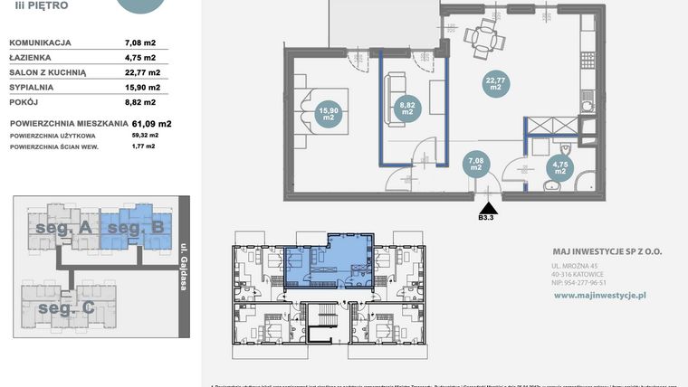 Rzut - Mieszkanie na sprzedaż 2 pokoje o powierzchni 61,09 m² - numer B3.3 w Nowy Radzionków