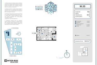 Rzut - Mieszkanie na sprzedaż 2 pokoje o powierzchni 36,54 m² - numer 55 w Piasta Towers bud. 90A