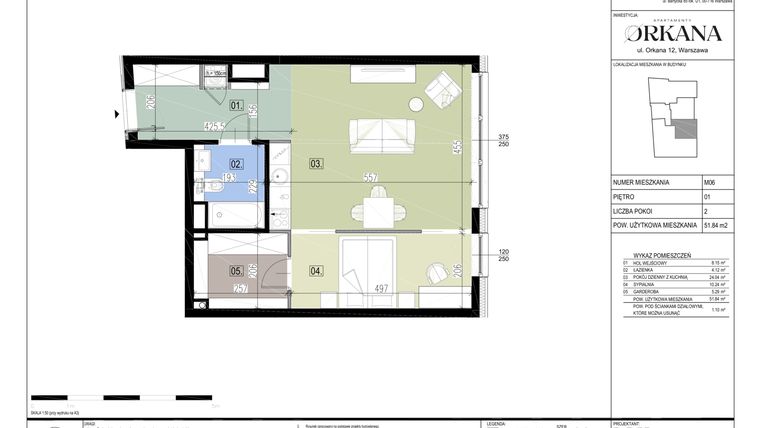 Rzut - Mieszkanie na sprzedaż 2 pokoje o powierzchni 51,84 m² - numer M06 w Apartamenty Orkana