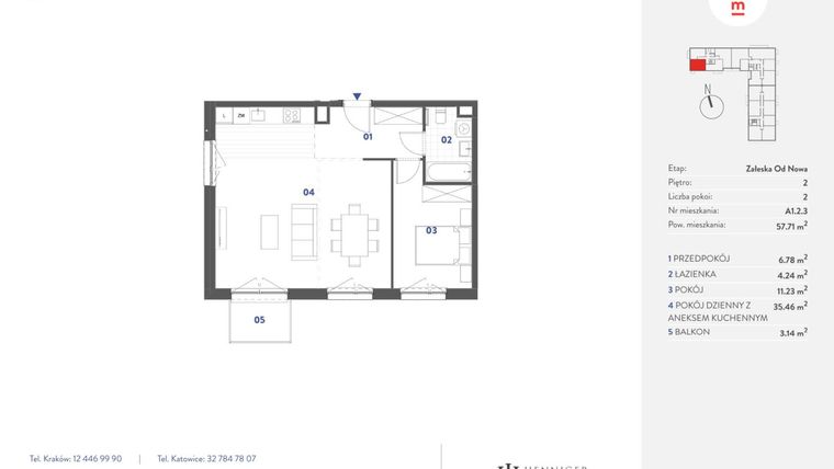 Rzut - Mieszkanie na sprzedaż 2 pokoje o powierzchni 57,71 m² - numer A1.2.3 w Mieszkaj w mieście Załęska od Nowa