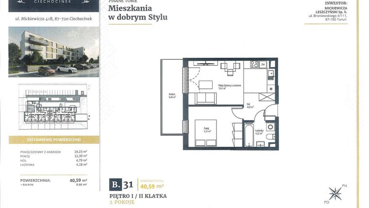 Rzut - Mieszkanie na sprzedaż 2 pokoje o powierzchni 40,59 m² - numer B31 w Mickiewicza