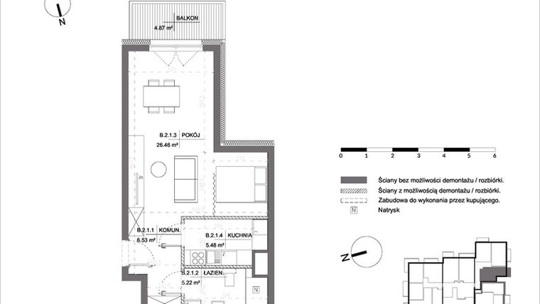 Rzut - Mieszkanie na sprzedaż 1 pokój o powierzchni 43,69 m² - numer B.2.1 w Polanka 21