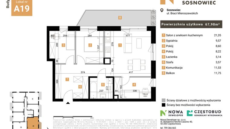 Rzut - Mieszkanie na sprzedaż 4 pokoje o powierzchni 67,98 m² - numer 19 w Nowy Sosnowiec