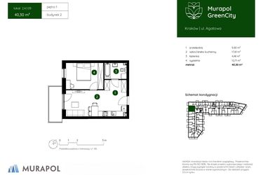 Rzut - Mieszkanie na sprzedaż 2 pokoje o powierzchni 40,3 m² - numer 2.A.1.09 w Murapol GreenCity bud. 2