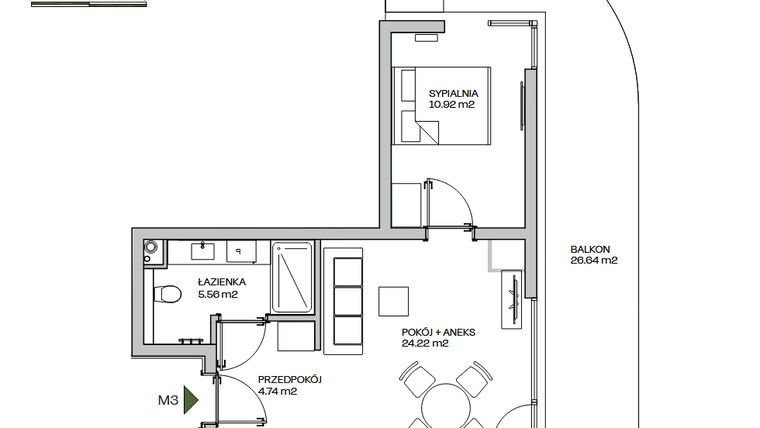 Rzut - Mieszkanie na sprzedaż 2 pokoje o powierzchni 45,44 m² - numer M3 w Zielona Marina - Apartamenty inwestycyjne