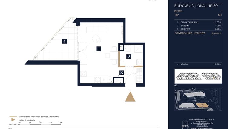 Rzut - Mieszkanie na sprzedaż 1 pokój o powierzchni 29,87 m² - numer C39 w Rezydencja Zegrze etap III