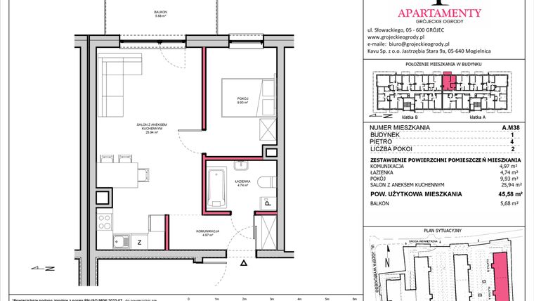 Rzut - Mieszkanie na sprzedaż 2 pokoje o powierzchni 45,58 m² - numer A.38 w Apartamenty Grójeckie Ogrody