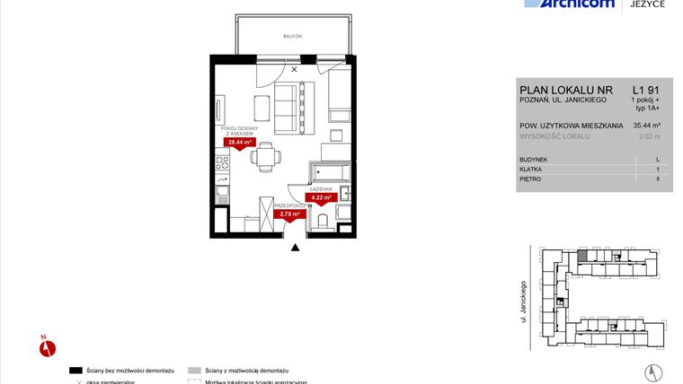 Rzut - Mieszkanie na sprzedaż 1 pokój o powierzchni 35,44 m² - numer L1.91 w Wieża Jeżyce etap VI