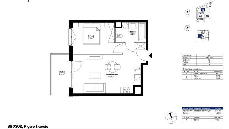 Rzut - Mieszkanie na sprzedaż 2 pokoje o powierzchni 40,71 m² - numer BB0302 w NU3 Warszawa Wola