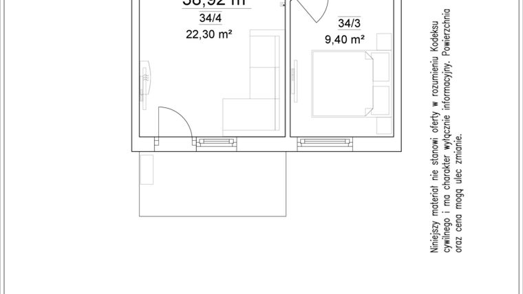 Rzut - Mieszkanie na sprzedaż 2 pokoje o powierzchni 38,92 m² - numer 19/34 w Osiedle Versus etap II