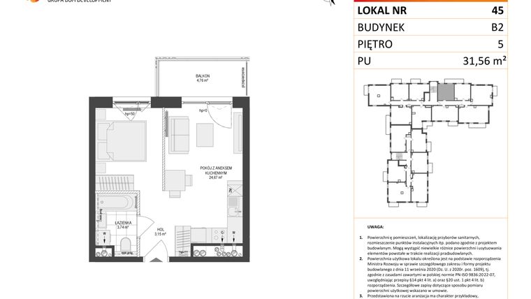 Rzut - Mieszkanie na sprzedaż 1 pokój o powierzchni 31,56 m² - numer 45 w Locus 2 bud. B2