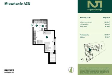 Rzut - Mieszkanie na sprzedaż 1 pokój o powierzchni 30,87 m² - numer POGO2/A/3N w Pogonowskiego 52