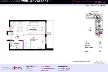 Rzut - Mieszkanie na sprzedaż 2 pokoje o powierzchni 39,89 m² - numer 15 w Wojciechowska Square
