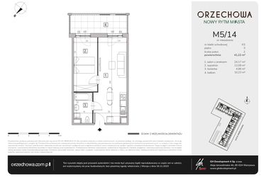 Rzut - Mieszkanie na sprzedaż 2 pokoje o powierzchni 41,22 m² - numer M5/14 w Orzechowa