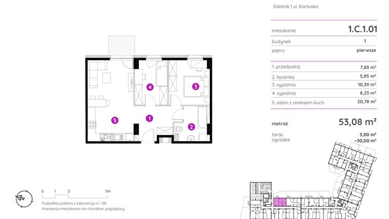 Rzut - Mieszkanie na sprzedaż 3 pokoje o powierzchni 53,08 m² - numer 1.C.1.01 w Murapol Scarpa