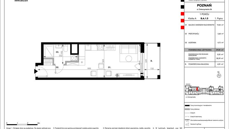 Rzut - Mieszkanie na sprzedaż 1 pokój o powierzchni 29,84 m² - numer B.A.1.5 w Zajezdnia