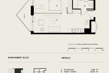 Rzut - Mieszkanie na sprzedaż 2 pokoje o powierzchni 45,28 m² - numer B/2/15 w Ogrodowa 12
