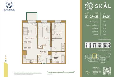 Rzut - Mieszkanie na sprzedaż 1 pokój o powierzchni 59,01 m² - numer M.27+28 w Skal
