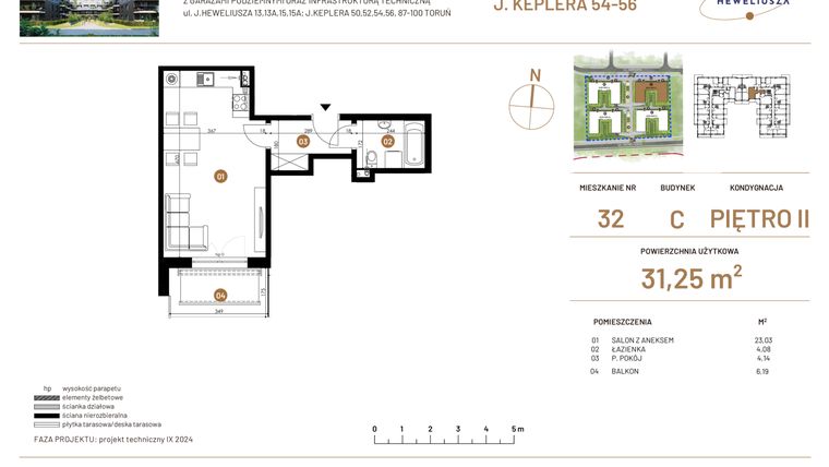 Rzut - Mieszkanie na sprzedaż 1 pokój o powierzchni 31,25 m² - numer JAR-III-C-LM-M32 w Osiedle JAR Heweliusza etap III