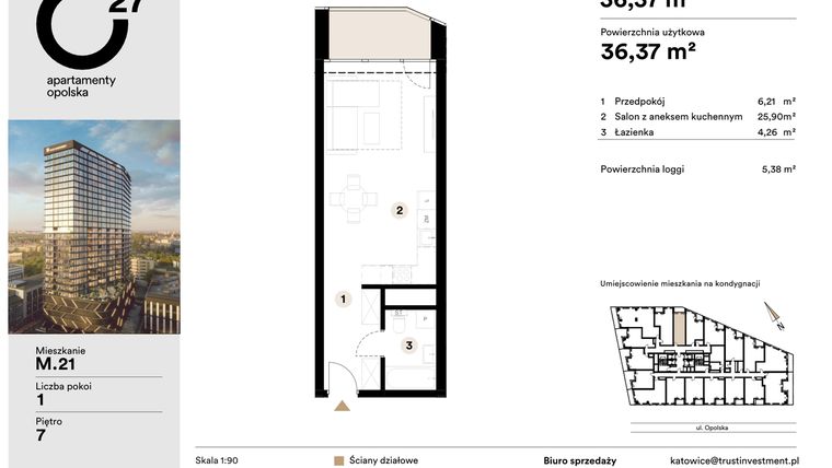 Rzut - Mieszkanie na sprzedaż 1 pokój o powierzchni 36,37 m² - numer M.21 w O27 Apartamenty Opolska