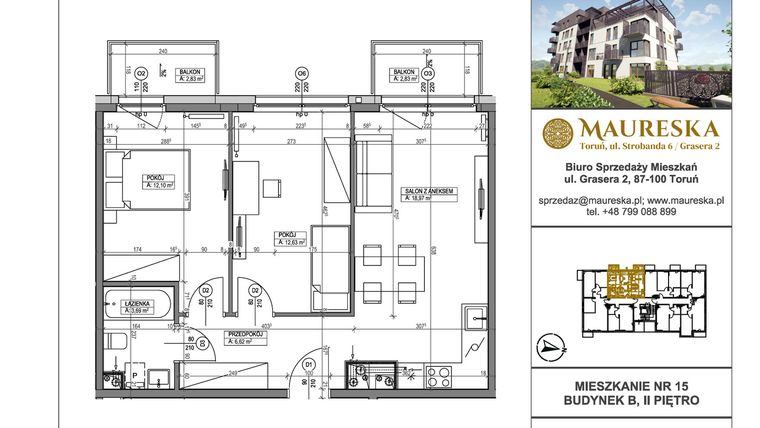Rzut - Mieszkanie na sprzedaż 3 pokoje o powierzchni 54,01 m² - numer B.15 w Osiedle Maureska