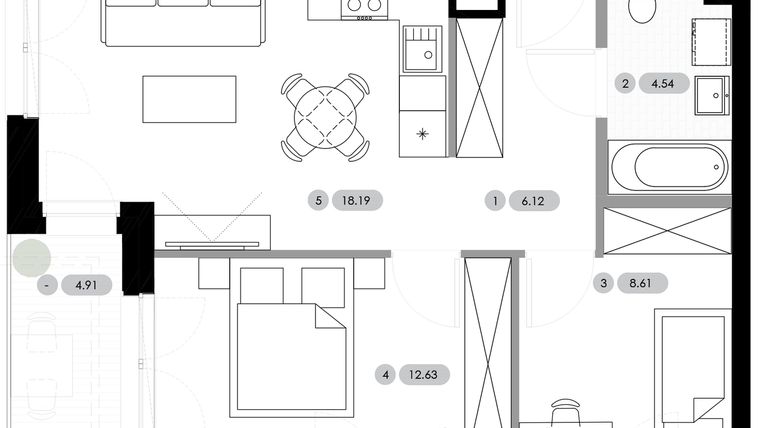 Rzut - Mieszkanie na sprzedaż 3 pokoje o powierzchni 50,09 m² - numer B.2.M6 w Nowe Radwanice