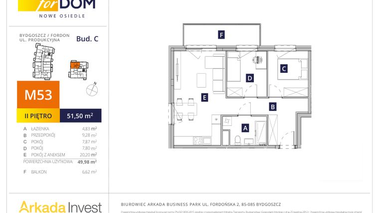 Rzut - Mieszkanie na sprzedaż 3 pokoje o powierzchni 49,98 m² - numer C53 w Osiedle forDOM – etap C