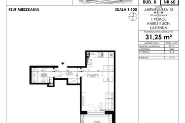 Rzut - Mieszkanie na sprzedaż 1 pokój o powierzchni 31,25 m² - numer JAR-II-B-LM-M60 w Osiedle JAR Heweliusza etap II
