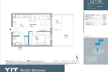 Rzut - Mieszkanie na sprzedaż 2 pokoje o powierzchni 42,6 m² - numer L2.1.04 w Nordic Bemowo - etap III