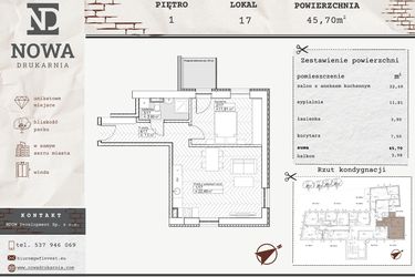 Rzut - Mieszkanie na sprzedaż 2 pokoje o powierzchni 45,7 m² - numer M17 w Nowa Drukarnia