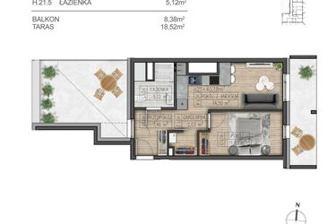 Rzut - Mieszkanie na sprzedaż 2 pokoje o powierzchni 40,18 m² - numer H21 w Osiedle Parkowe