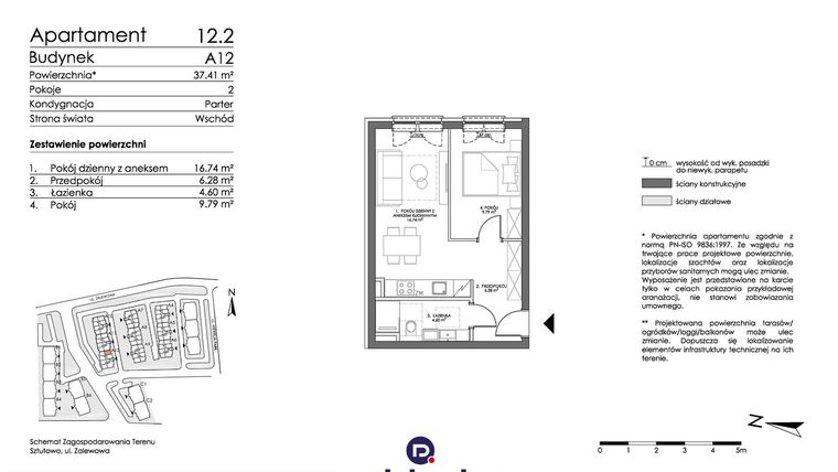 Rzut - Mieszkanie na sprzedaż 2 pokoje o powierzchni 37,41 m² - numer 12.2 (O) w Trimare